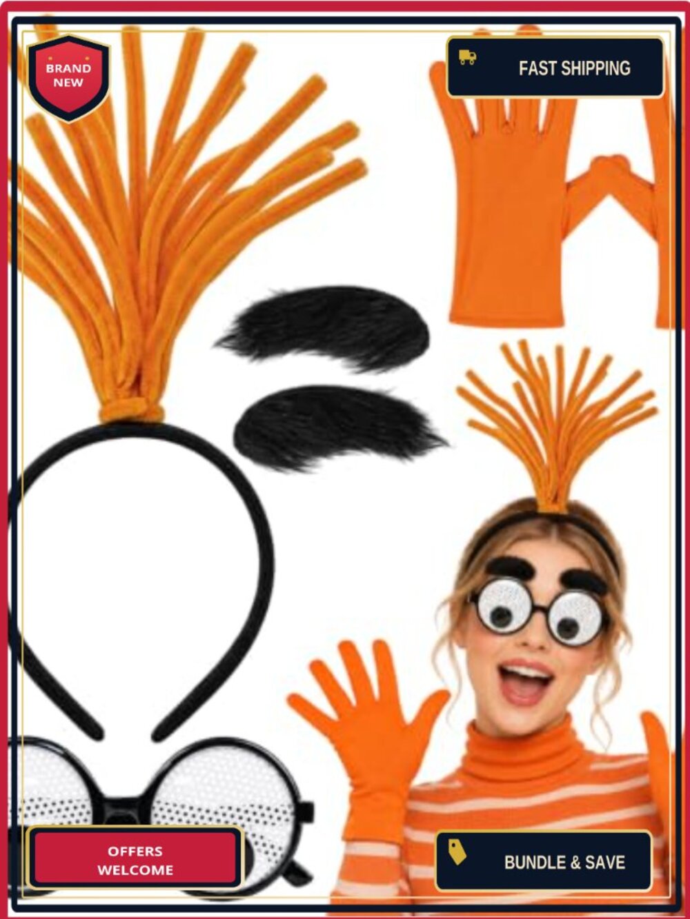 Halloween Costume Set Wig Headband Googly Eye Glasses Gloves Adult Cosplay